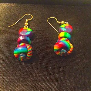 Rainbow polymer clay twist earrings pierced Nwot multi colored artisan